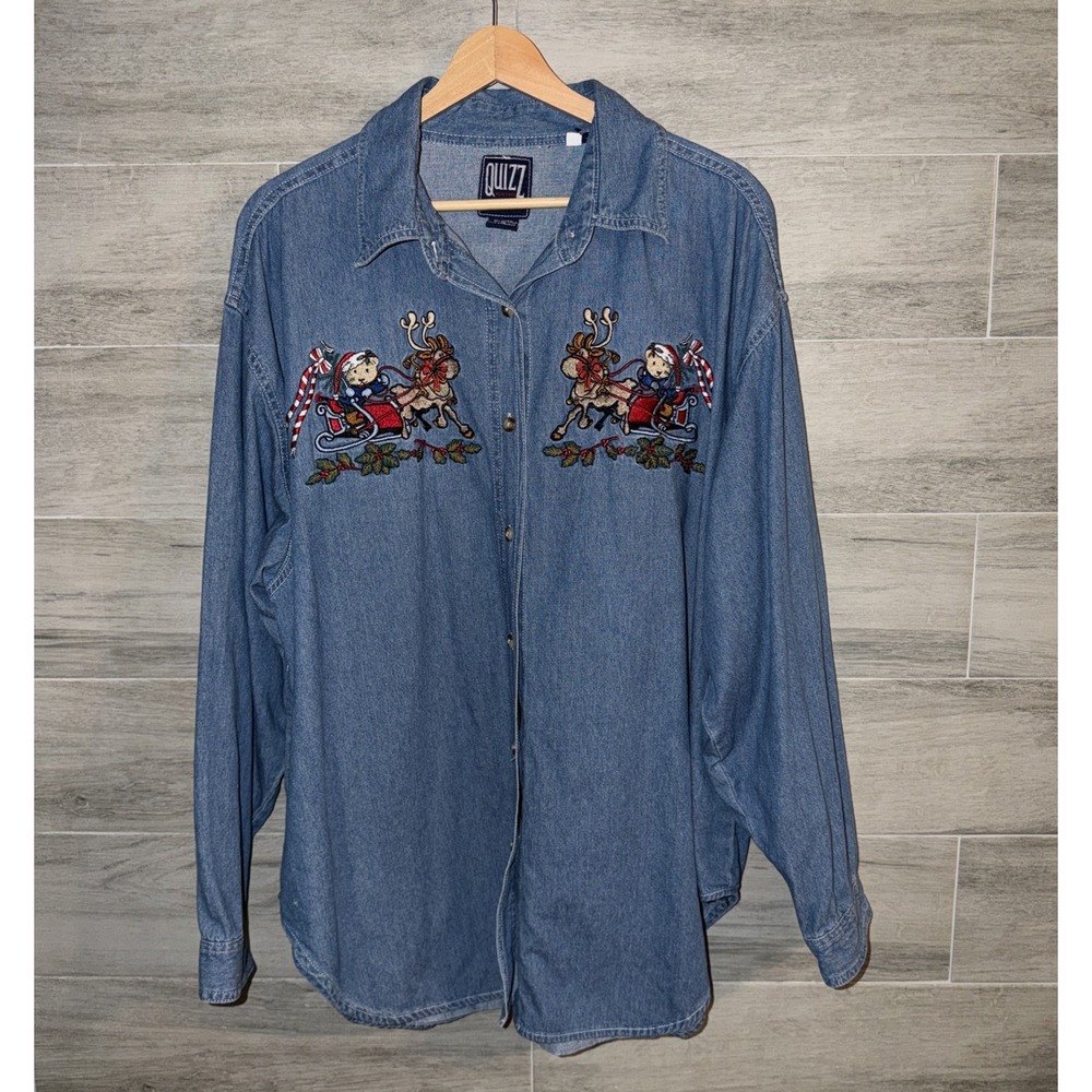 Quizz Vintage 90s Embroidered Christmas Bears Denim Shirt 3X/22 Grannycore